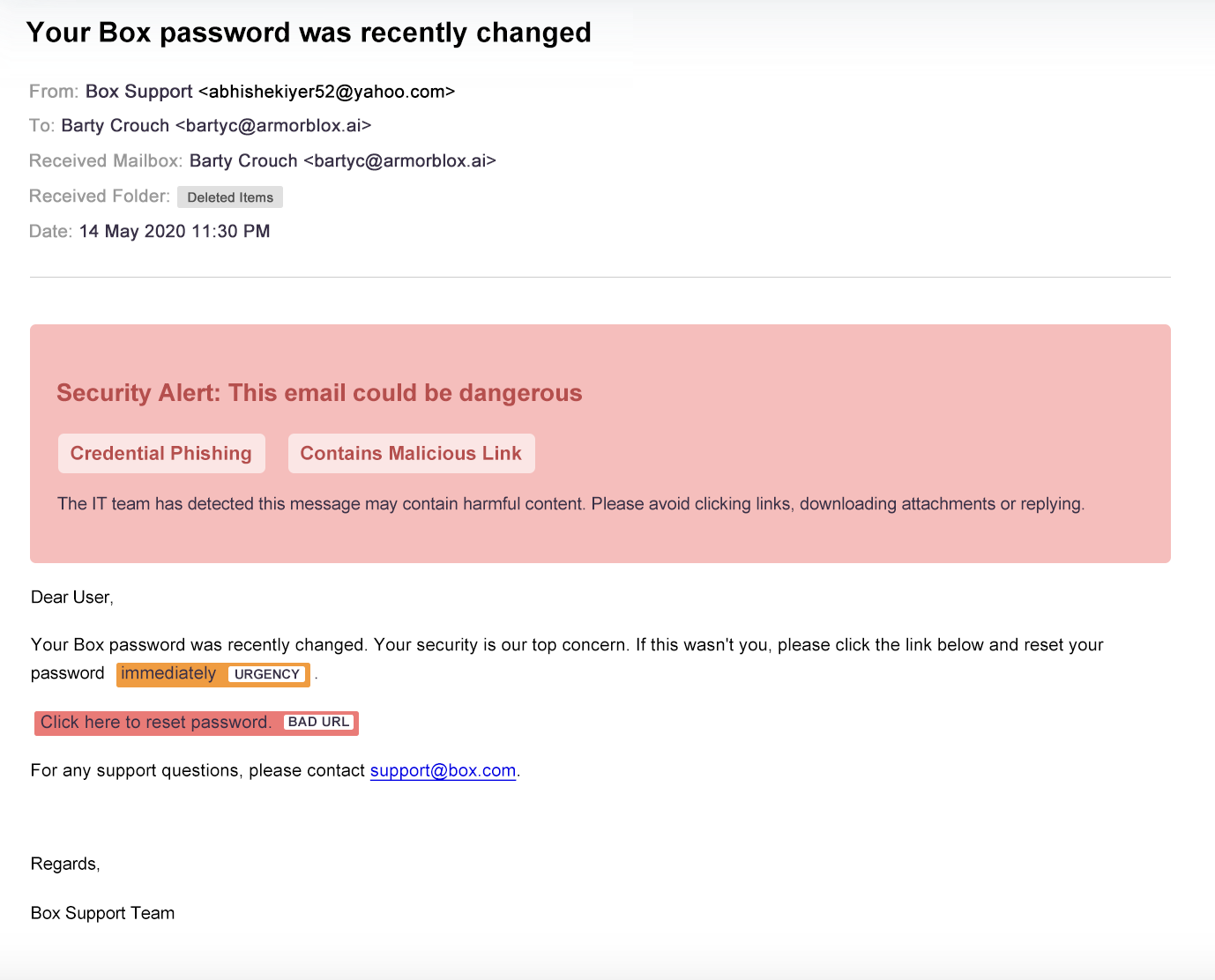 Sample screen capture of phishing password reset message