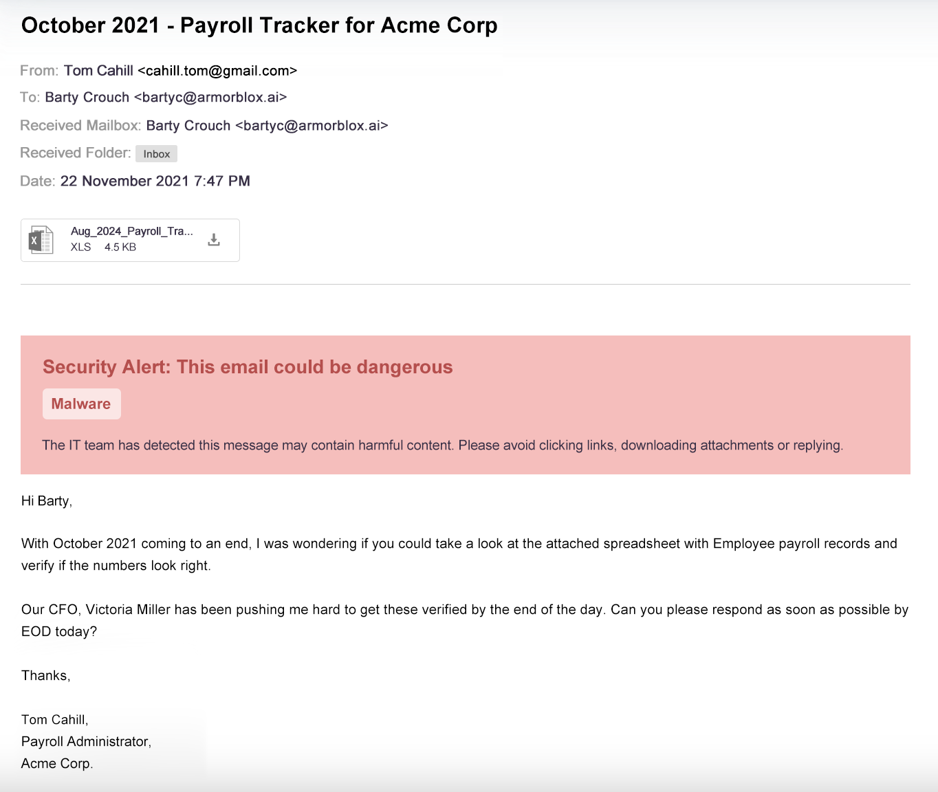 Sample screen capture of phishing payroll message