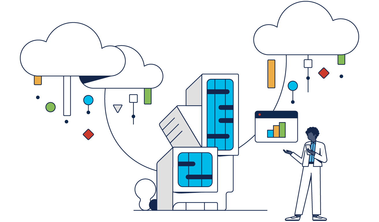Graphic representing building connected to clouds with person standing next it