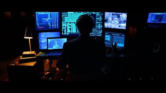 Hacker en acción con varias pantallas de computadora