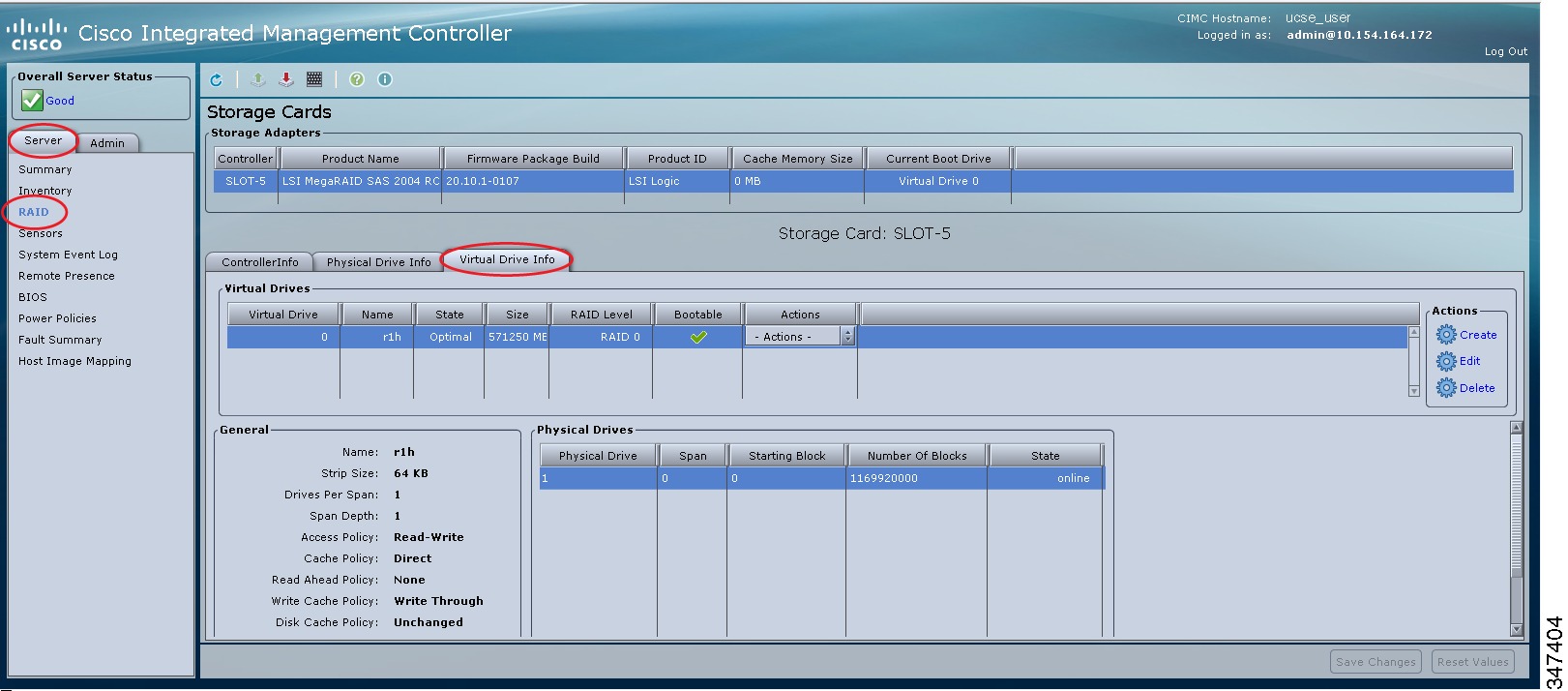 Tab info. Virtual Drive Management Raid.