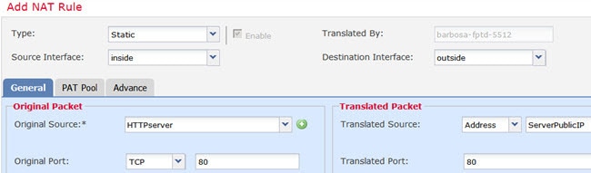Static NAT rule for HTTP server.