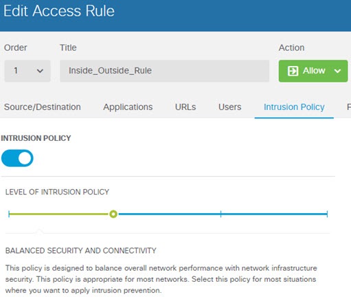 Intrusion policy selected in access control rule.