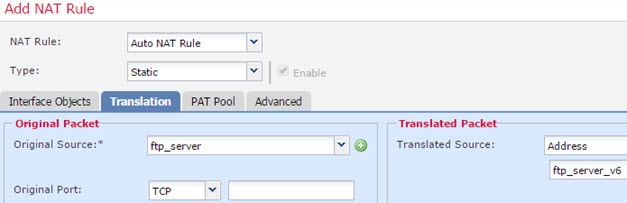 FTP server static NAT rule with DNS rewrite.