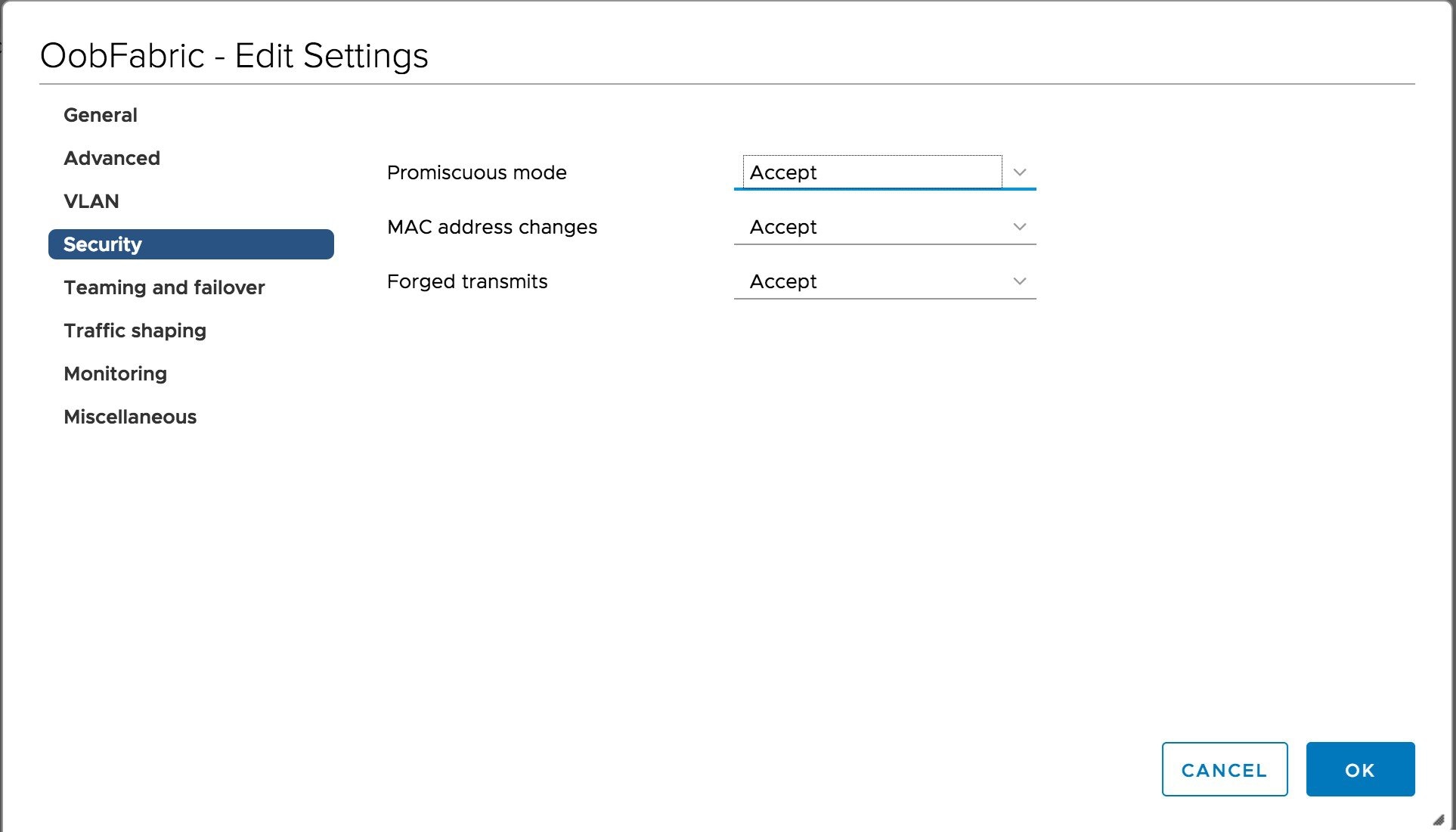 Security settings for DVSwitch Port-group