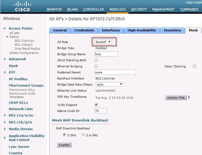 role to root cli config ap role rootap meshap cisco ap gui wireless all ...