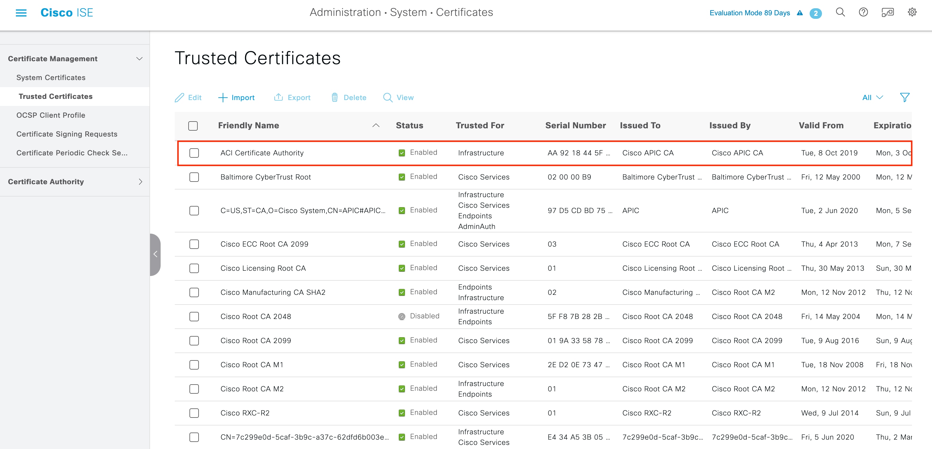 [信頼できる証明書（Trusted Certificates）] ウィンドウでの証明書の確認