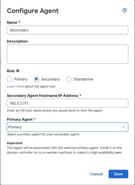 Create a secondary passive identity agent to take over from the primary in the event it stops communicating with the secure firewall manager.