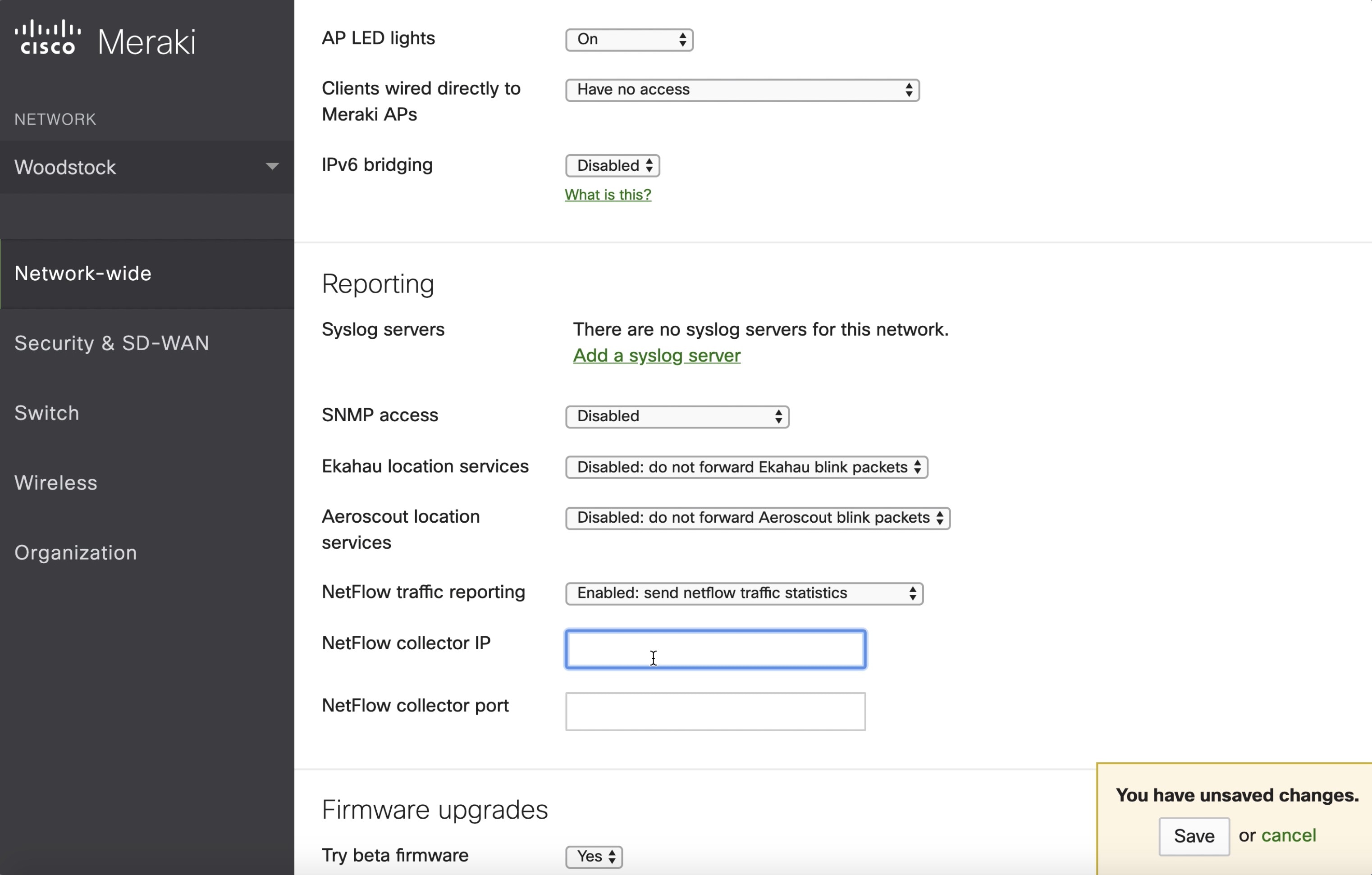 在 Meraki 防火墙上启用 NetFlow