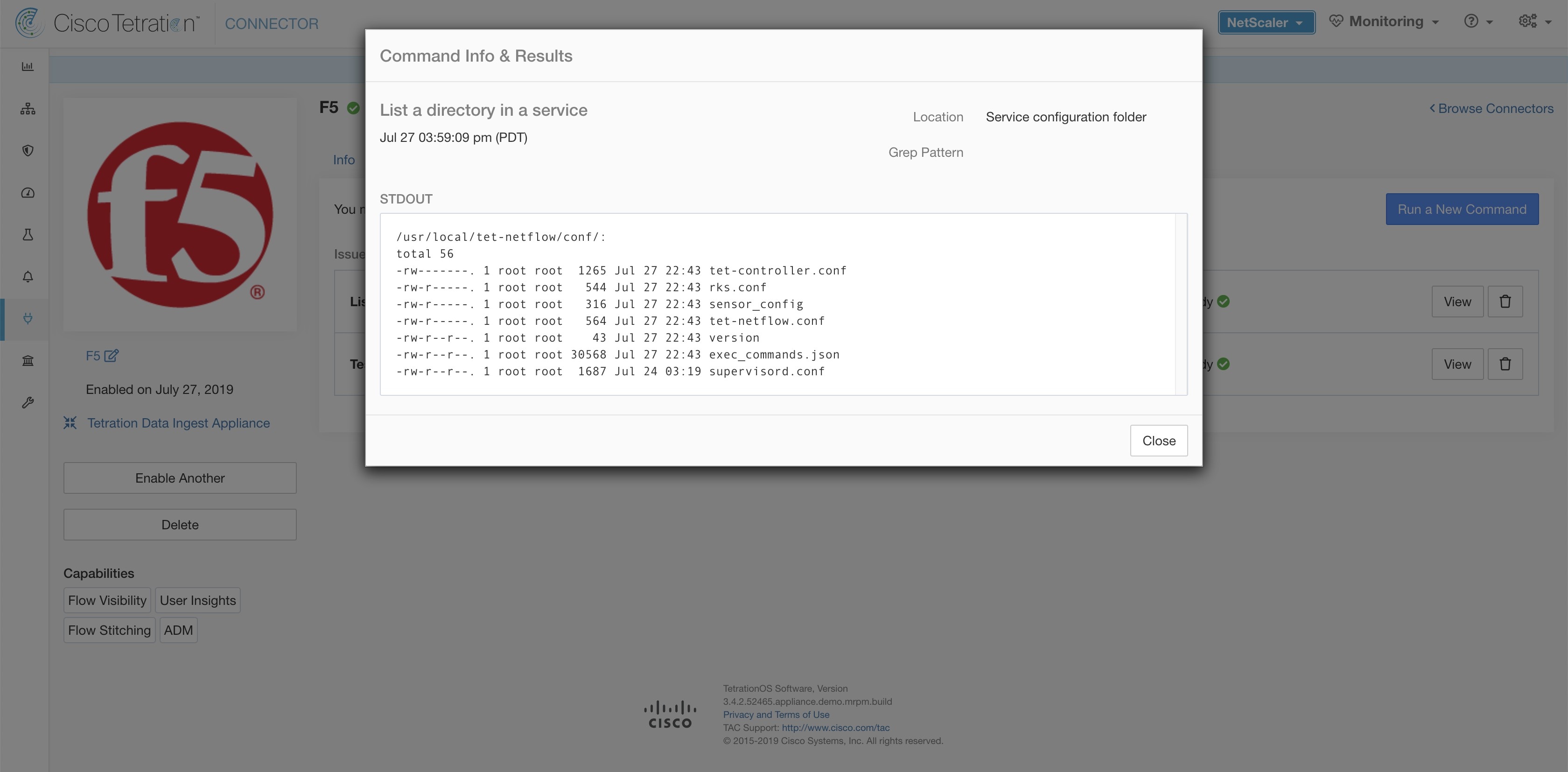 列出 Cisco Secure Workload 注入设备中 F5 连接器的配置文件夹中的文件