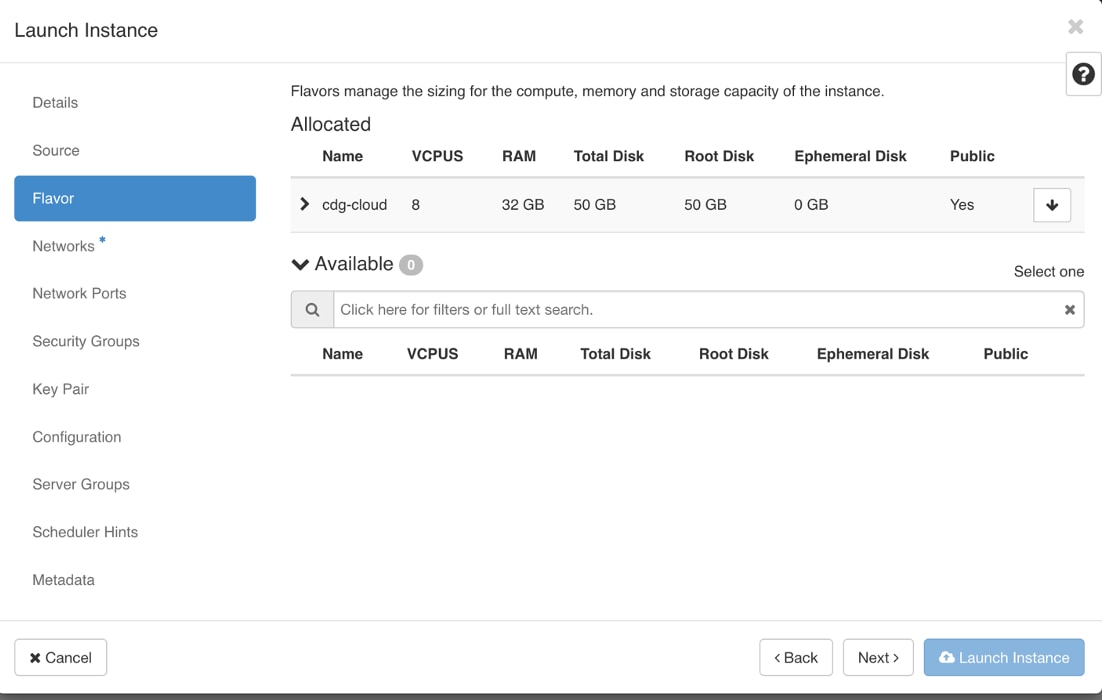 Launch Instance Window - Flavor Tab