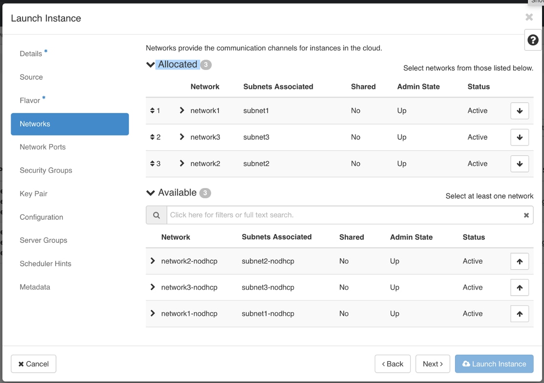 Launch Instance Window - Networks Tab