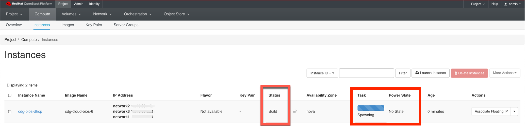 Instances Window - Status of CDG VM Installation