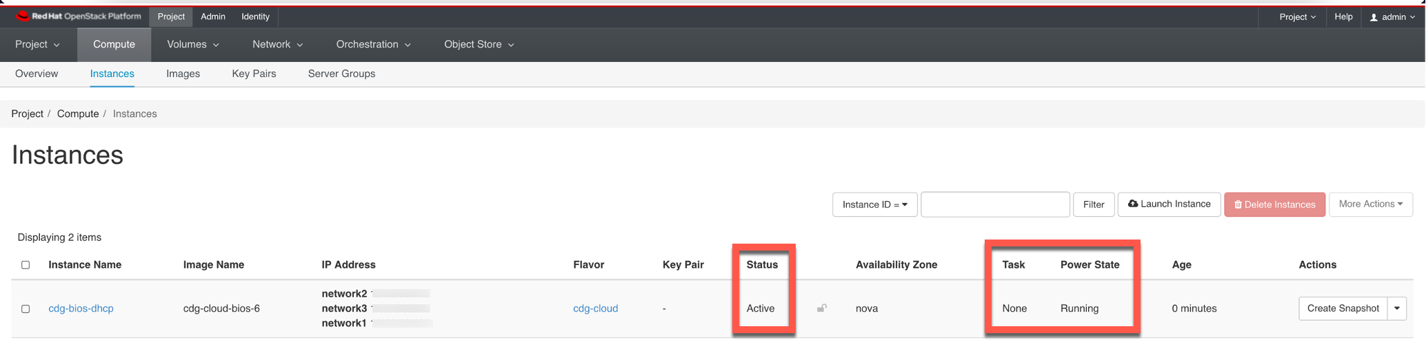 Instances Window - Status of CDG VM Installation