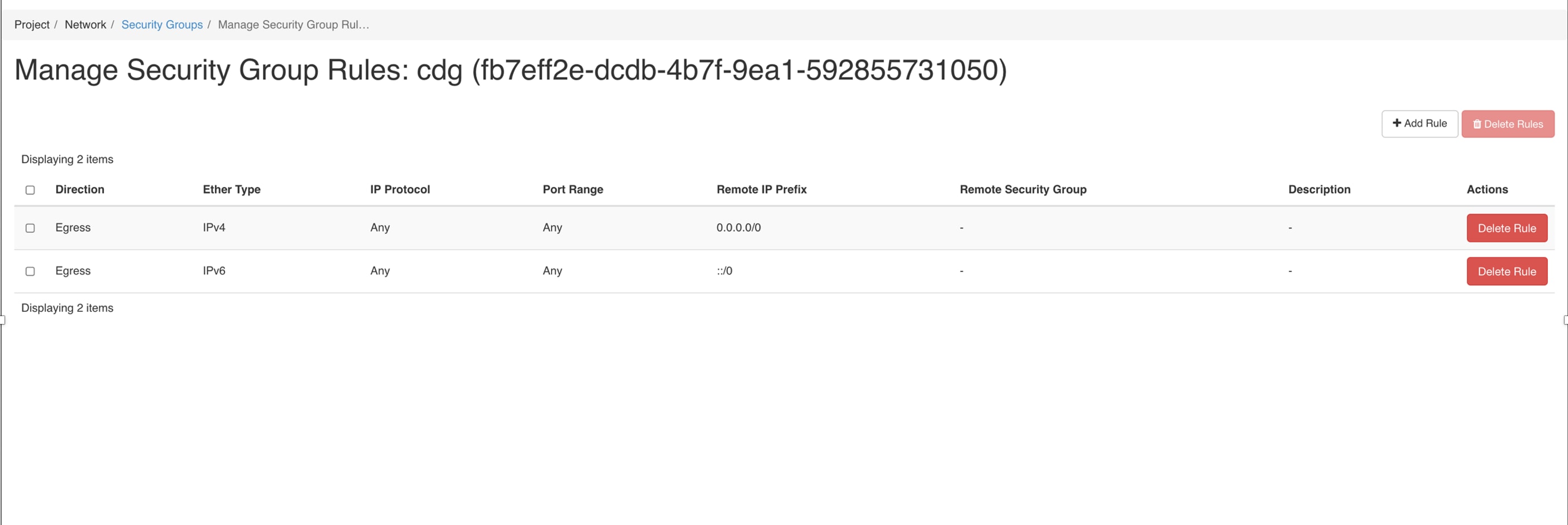 Manage Security Group Rules Window