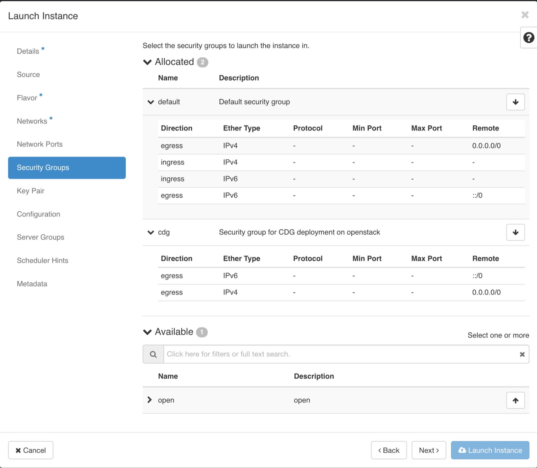 Launch Instance Window - Security Groups Tab