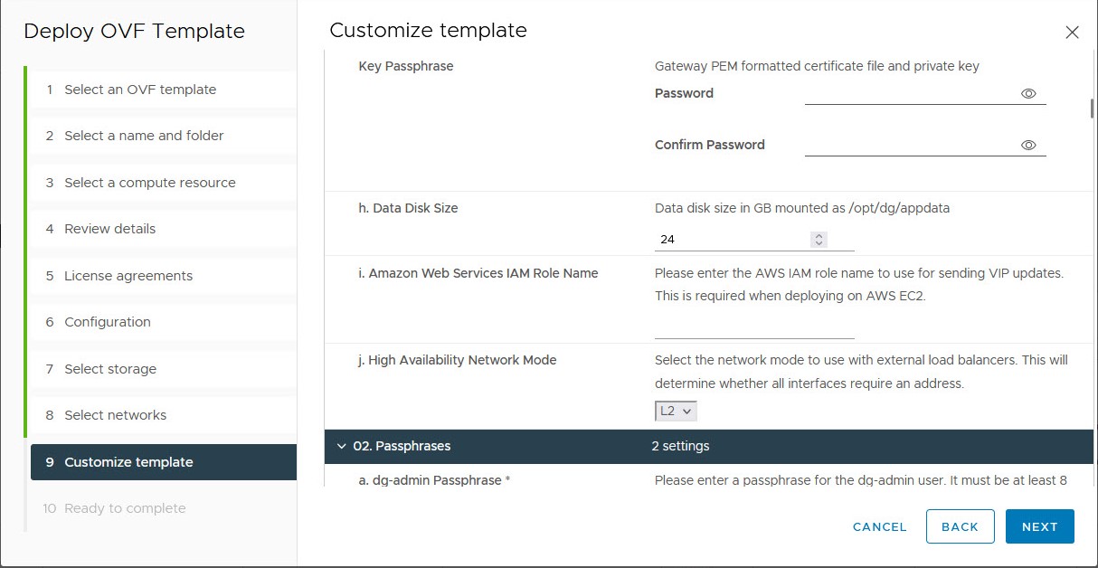 Deploy OVF Template - Customize template > Host information Window > High Availability Network Mode