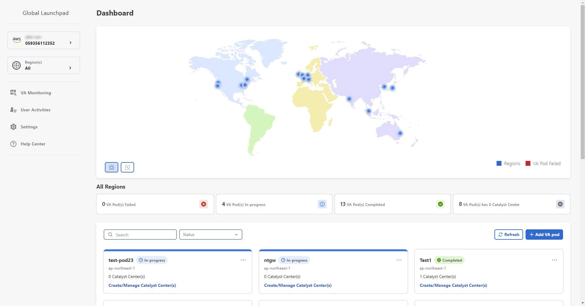 In the Dashboard pane, a world map is displayed with colored dots marking the locations of the available regions. A blue-colored dot indicates a region is available or all VA pods were deployed successfully to the region. A red-colored dot means that there is a failed VA pod in the region. Two icons are displayed at the bottom left of pane: select all regions and deselect all regions.